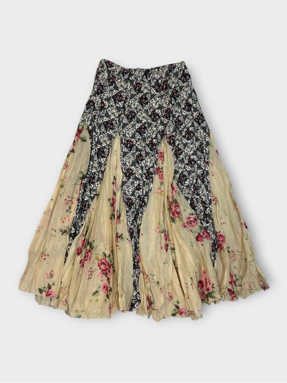 Vintage Boho Prairie Patchwork Floral Broomstick Skirt